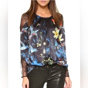 Alice + Olivia Alejandro Hummingbird Silk And Lace Blouse